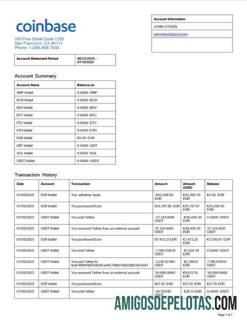 Modelo realista de extrato de conta Coinbase dos EUA em Word e PDF